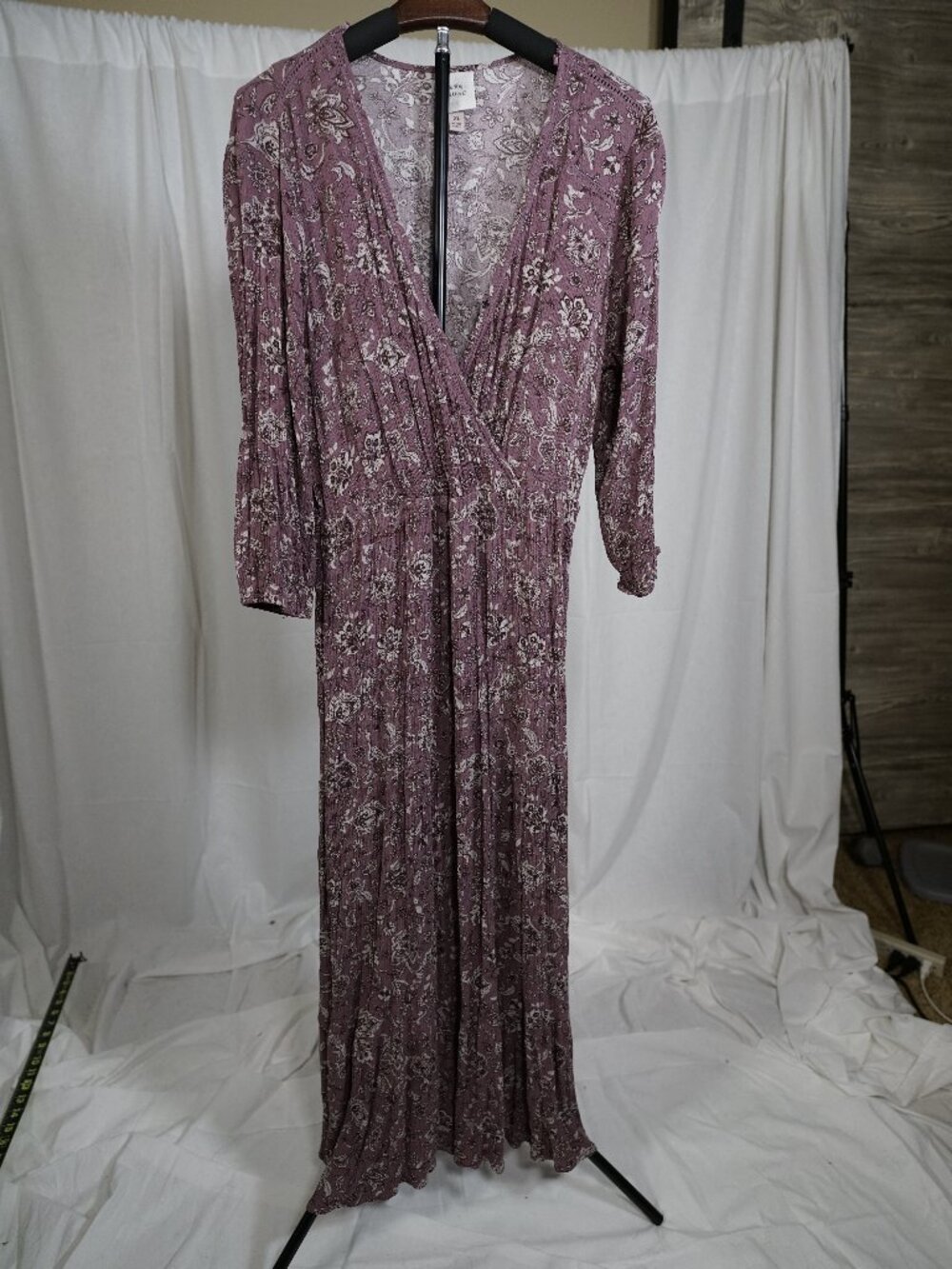 Knox Rose Mauve Floral Faux Wrap Maxi Dress XL Boho Long Sleeve Romantic